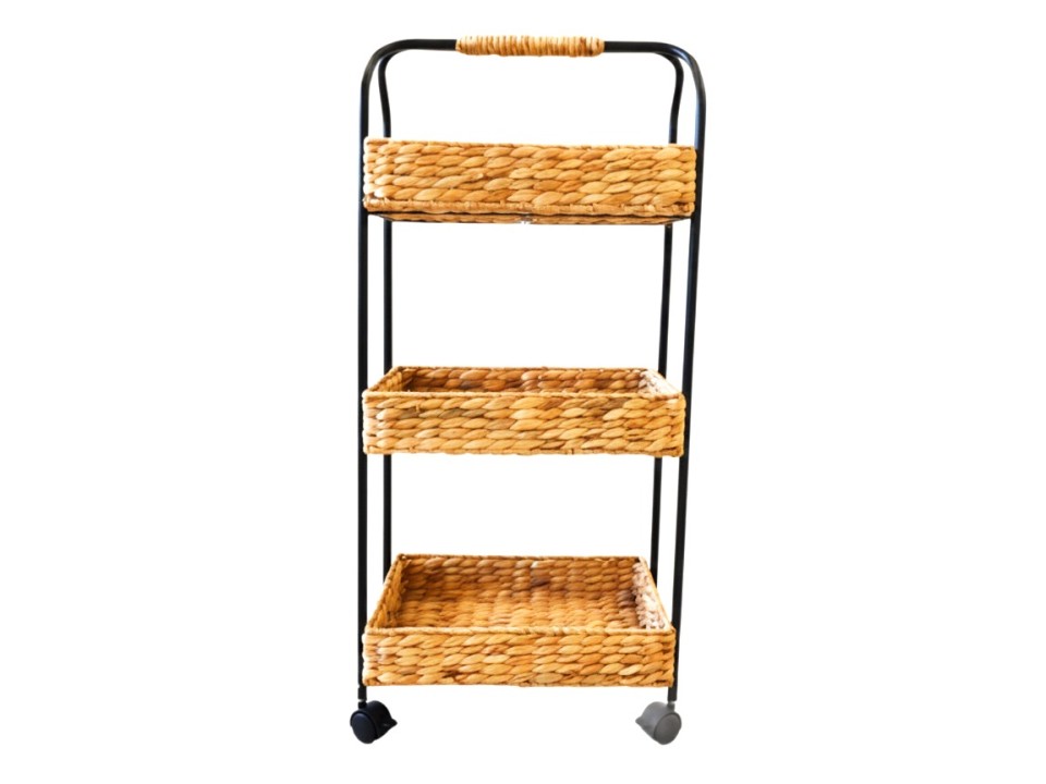 Premium 3-Tier Ricenut-Weaving Water Hyacinth Storage Cart with Metal Frame